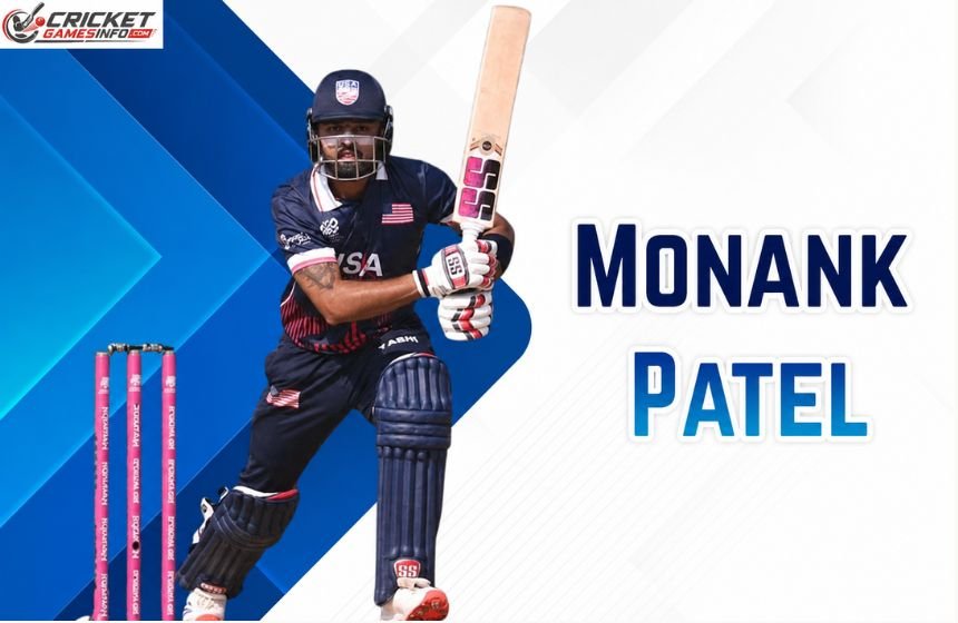 Monank Patel playing cricket for USA with bat, featuring a blue geometric background and his name in bold text.