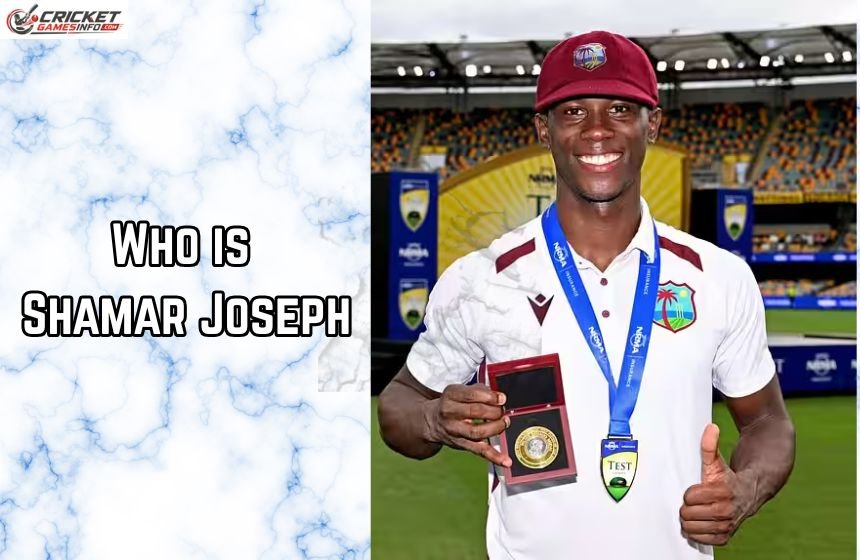 Shamar Joseph holding his Player of the Match award while wearing the West Indies Test cricket uniform.